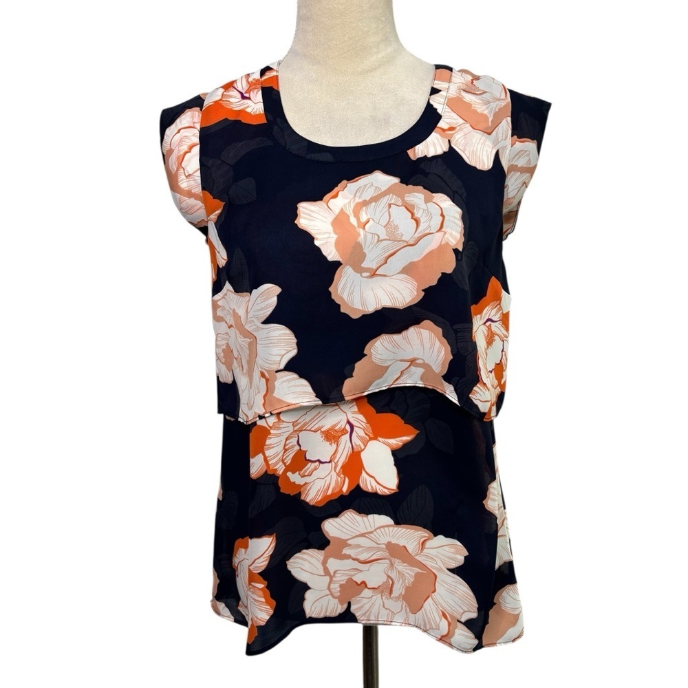 Cabi XS Orange Blue Floral Short Sleeve Layered Blouse Top Office Careerwear
